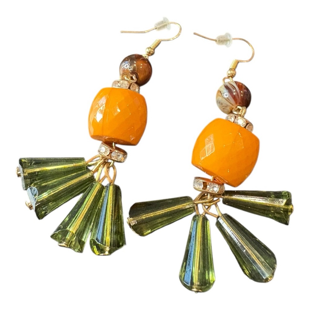 Boho Acrylic Resin Fan Drop Earrings – Orange & Olive Green Fall Chic J15